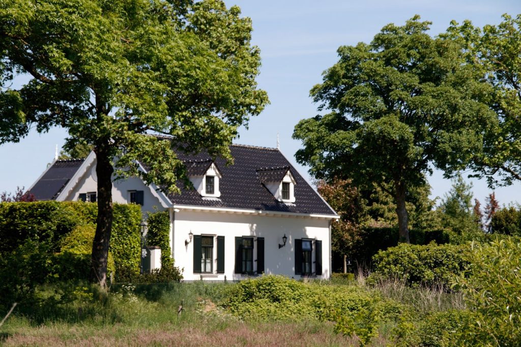 A charming white cottage with a black roof nestled among trees.