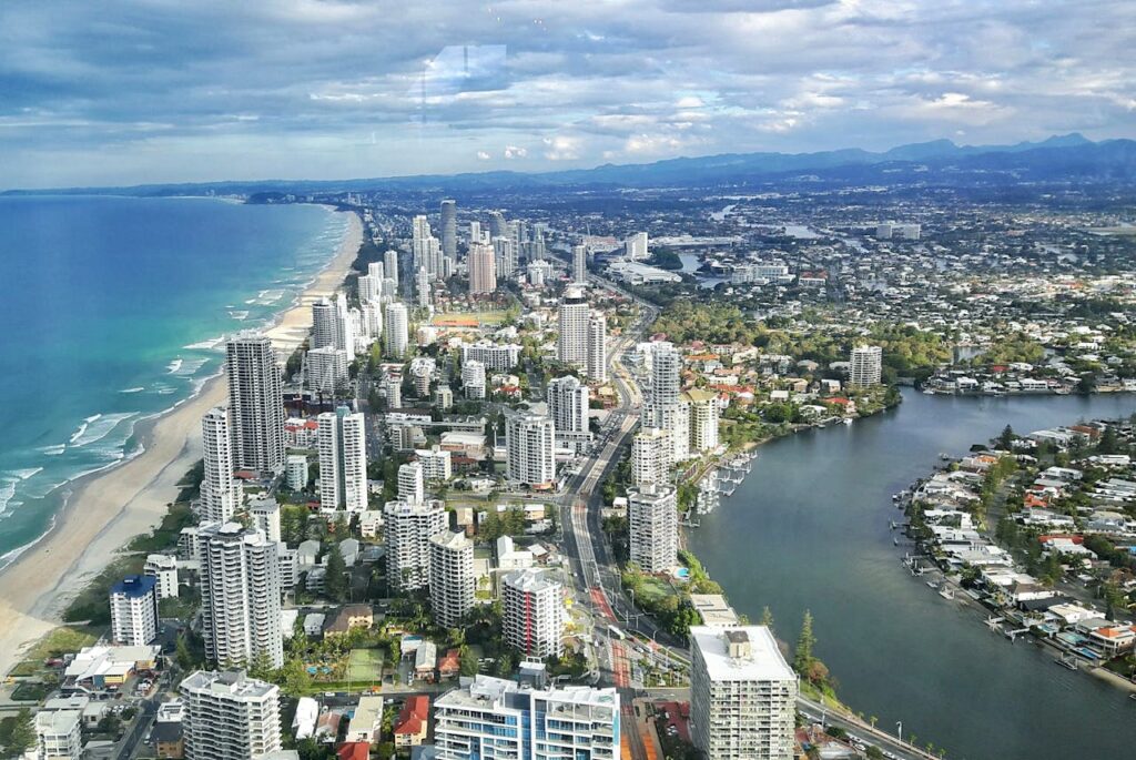Aerial view of Gold Coast featuring beach and city skyline
